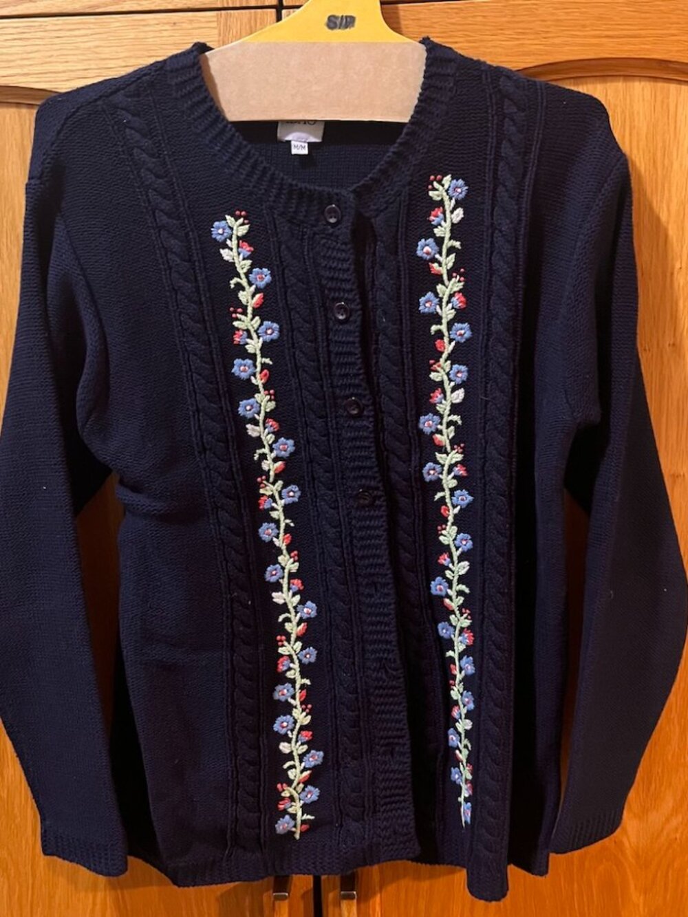 Embroidered Navy Cable-Knit Cardigan Sweater